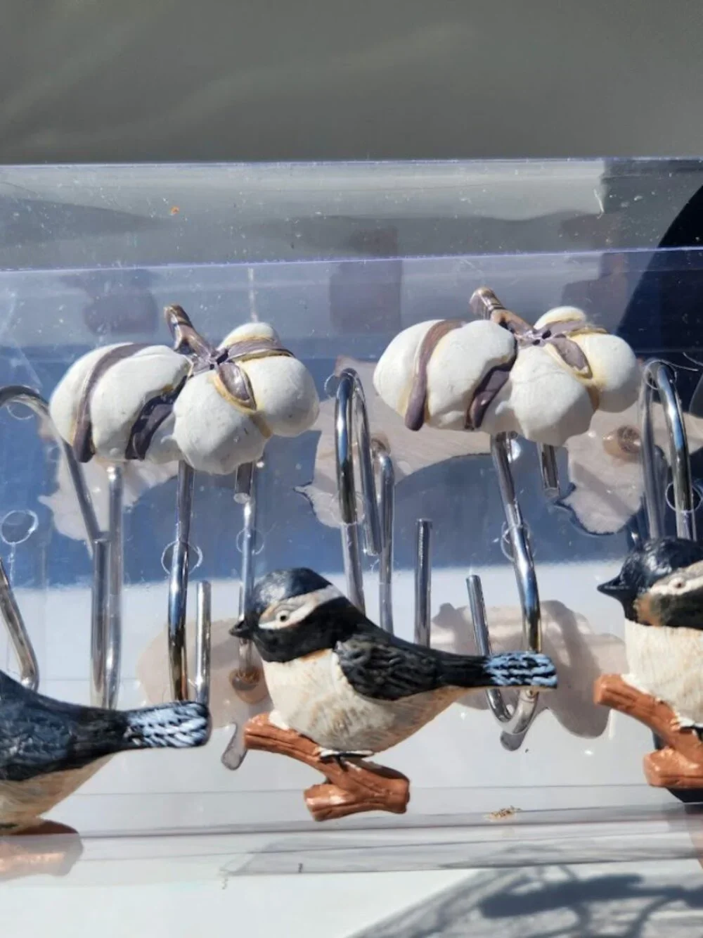 NEW Shower Curtain Hooks Multicolor Chickadee Bird Bathroom Decor Cotton Ball Pl